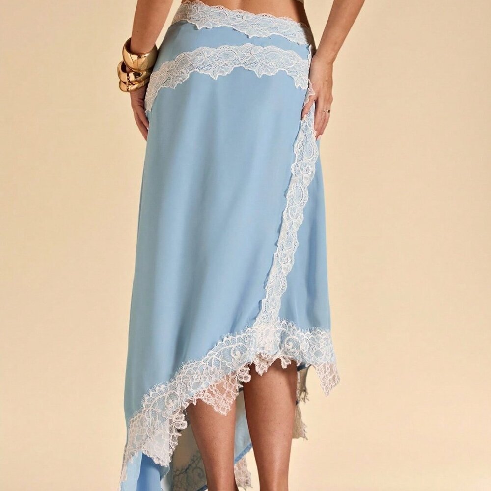 Baby Blue Elegant Women's Lace Trim Asymmetric Hem Split Chiffon Skirt - Picture 2 of 9